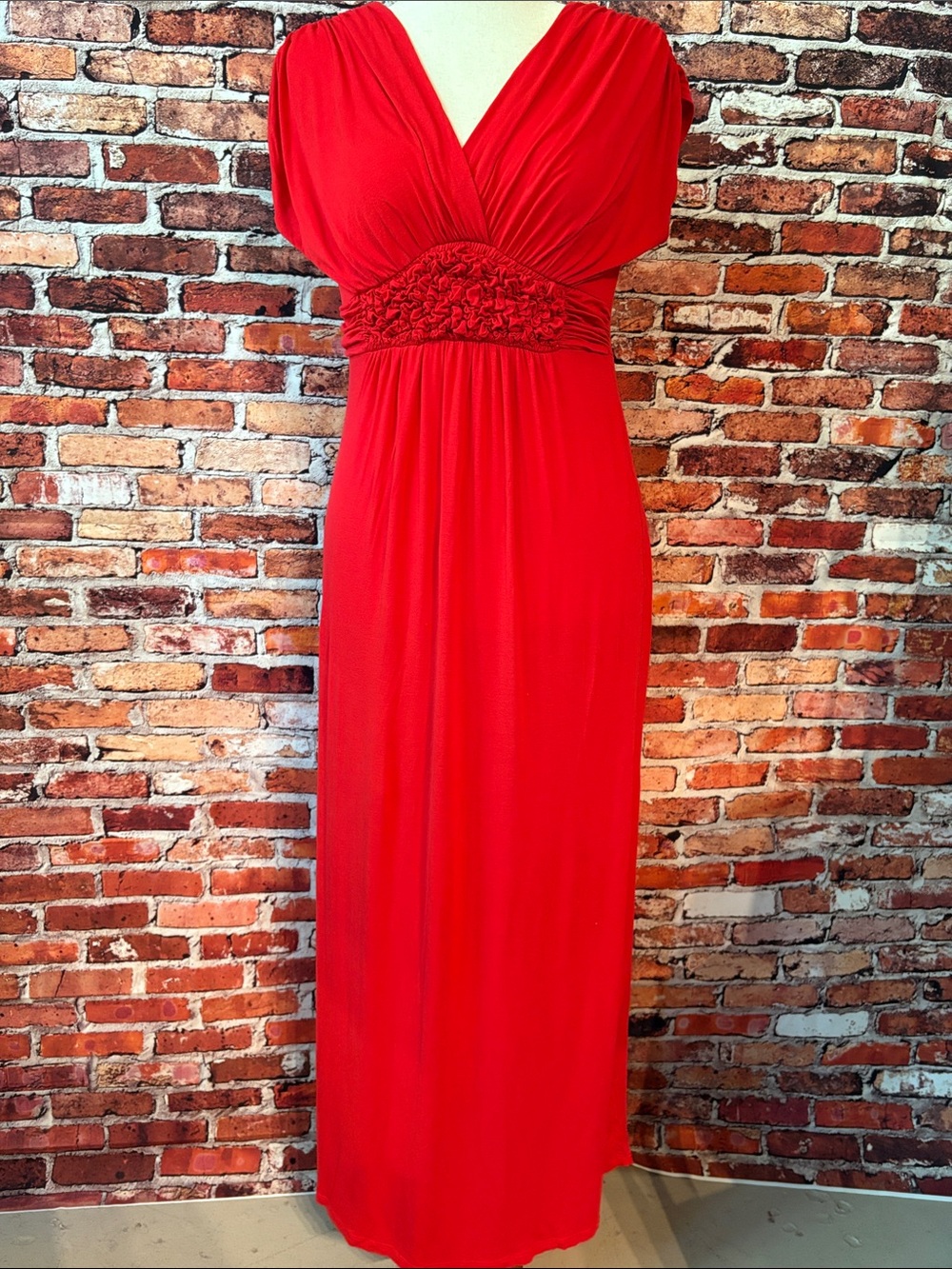 Gilli ModCloth Jersey Knitted Red V-Neck Goddess Maxi Dress Size Large